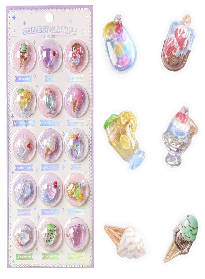 OCOUYVD 3D Capsule Cute Stickers Cartoon Juice＆ Ice Cream Designs Puff Stickers Kawaii Puffy for Scrapbooks Planner Journals Laptops Phone Case Decoration - Image 1